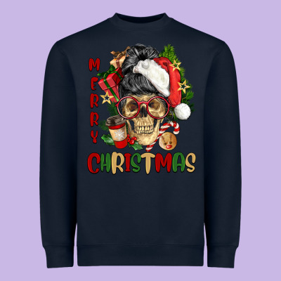 Merry Christmas Skeleton Messy Bun Heavyweight Sweatshirt Designed By Nancycooperartshop