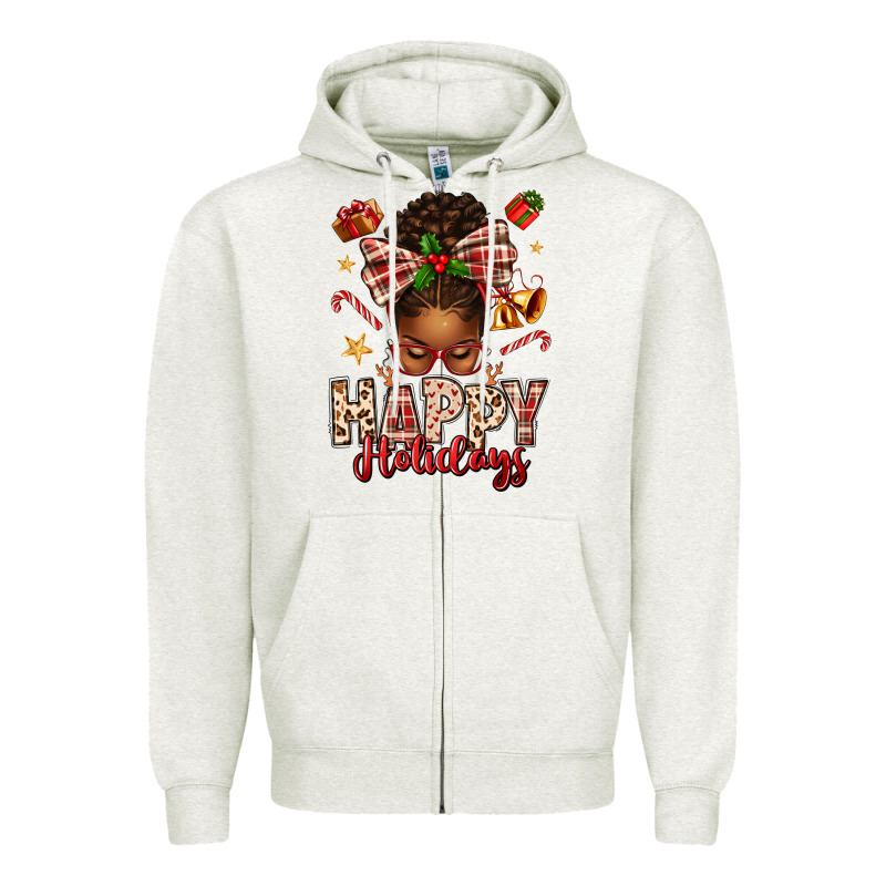 Happy Holidays Christmas Afro Messy Bun Zipper Hoodie by texasbilliewilder | Teevron