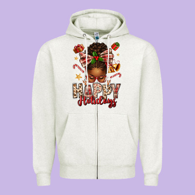 Happy Holidays Christmas Afro Messy Bun Zipper Hoodie Designed By Texasbilliewilder