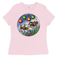 Bubblegum Pink santa claus with deer christmas ornament Ladies Tee - BundleAndBundleShop