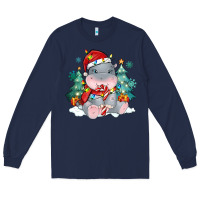 Navy cute christmas hippopotamus Long Sleeve Tee - MaliasSmallBusiness