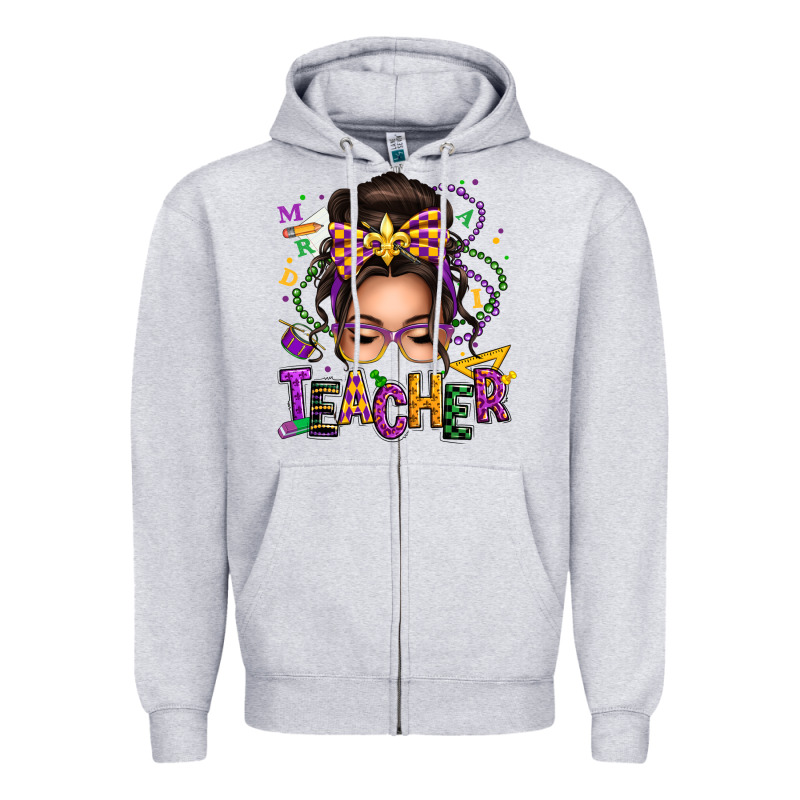 Mardi Gras Teacher Caucasian Messy Bun Zipper Hoodie by texasbilliewilder | Teevron