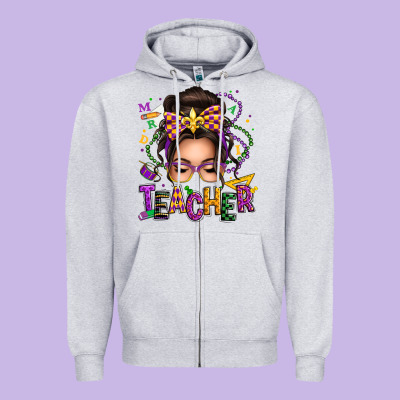 Mardi Gras Teacher Caucasian Messy Bun Zipper Hoodie Designed By Texasbilliewilder