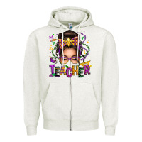 Oatmeal Heather mardi gras teacher caucasian messy bun Zipper Hoodie - texasbilliewilder
