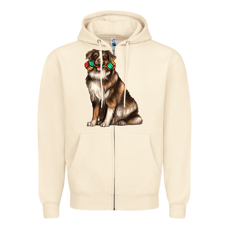 Australian Shepherd With Rope Toy Zipper Hoodie by texasbilliewilder | Teevron