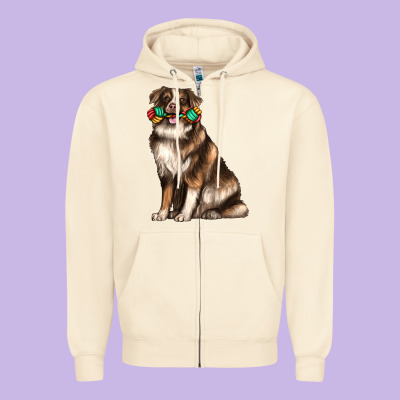 Australian Shepherd With Rope Toy Zipper Hoodie Designed By Texasbilliewilder