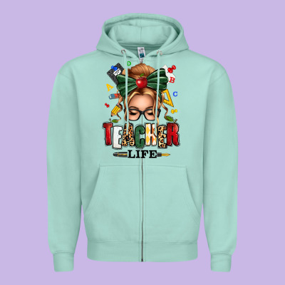 Teacher Life Blonde Caucassian Messy Bun Zipper Hoodie Designed By Texasbilliewilder