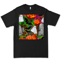 Black halloween ghost and headstone seamless pattern Premium Tee - BundleAndBundleShop