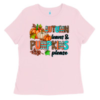 Bubblegum Pink autumn leaves pumpkin please Ladies Tee - AdoDesignShop