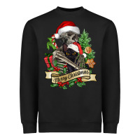 Black Merry Christmas skeleton with black cat Heavyweight Sweatshirt - NancyCooperArtShop