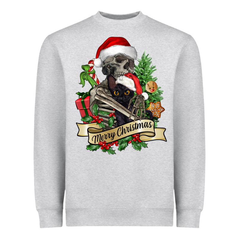 Merry Christmas Skeleton With Black Cat Heavyweight Sweatshirt by NancyCooperArtShop | Teevron