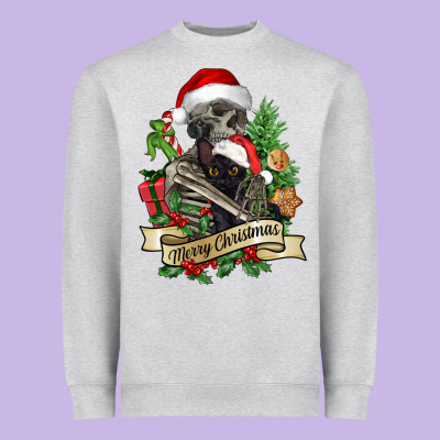 Merry Christmas Skeleton With Black Cat Heavyweight Sweatshirt Designed By Nancycooperartshop