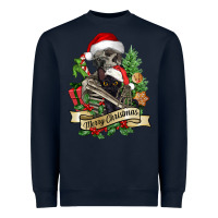 Navy Merry Christmas skeleton with black cat Heavyweight Sweatshirt - NancyCooperArtShop