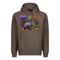 Coffee trick or treat with monster truck and t rex Premium Hoodie - CowGirlArtShop