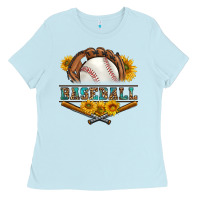 Baby Blue western baseball with sunflower Ladies Tee - BundleAndBundleShop