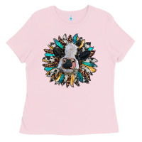Bubblegum Pink baby cow with sunflower Ladies Tee - RanaPortraitStore