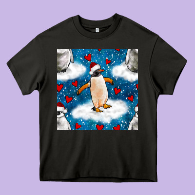 Christmas Penguin And Heart Seamless Pattern Heavy Core Tee Designed By Bundleandbundleshop