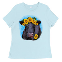 Baby Blue black angus with sunflower Ladies Tee - RanaPortraitStore
