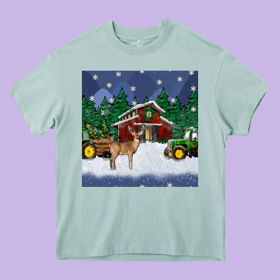 Christmas Town And Farm Tractor Seamless Pattern Heavy Core Tee Designed By Bundleandbundleshop