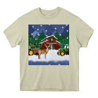 Mossy christmas town and farm tractor seamless pattern Heavy Core Tee - BundleAndBundleShop