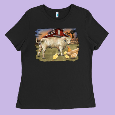 Charolaris Bull And Chicken In Barnyard Ladies Tee Designed By Ranaportraitstore