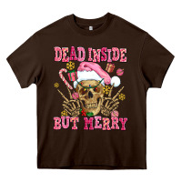 Chocolate Brown dead inside but merry  pink christmas skeleton Heavy Core Tee - AdoDesignShop