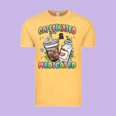 Caffeinated And Medicated Vintage Tee Designed By Maliassmallbusiness