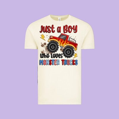 Just A Boy Who Loves Monster Trucks Vintage Tee Designed By Maliassmallbusiness