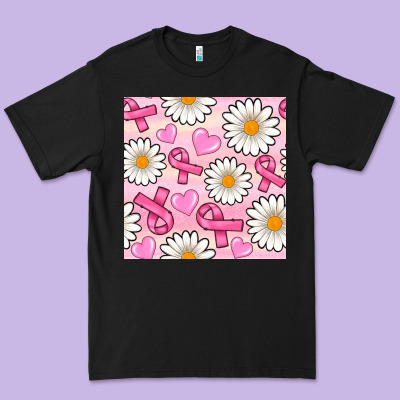 Breast Cancer Awareness With Daisy And Heart Seamless Pattern Premium Tee Designed By Bundleandbundleshop