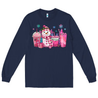 Navy pink christmas snowman coffee cups Long Sleeve Tee - MaliasSmallBusiness