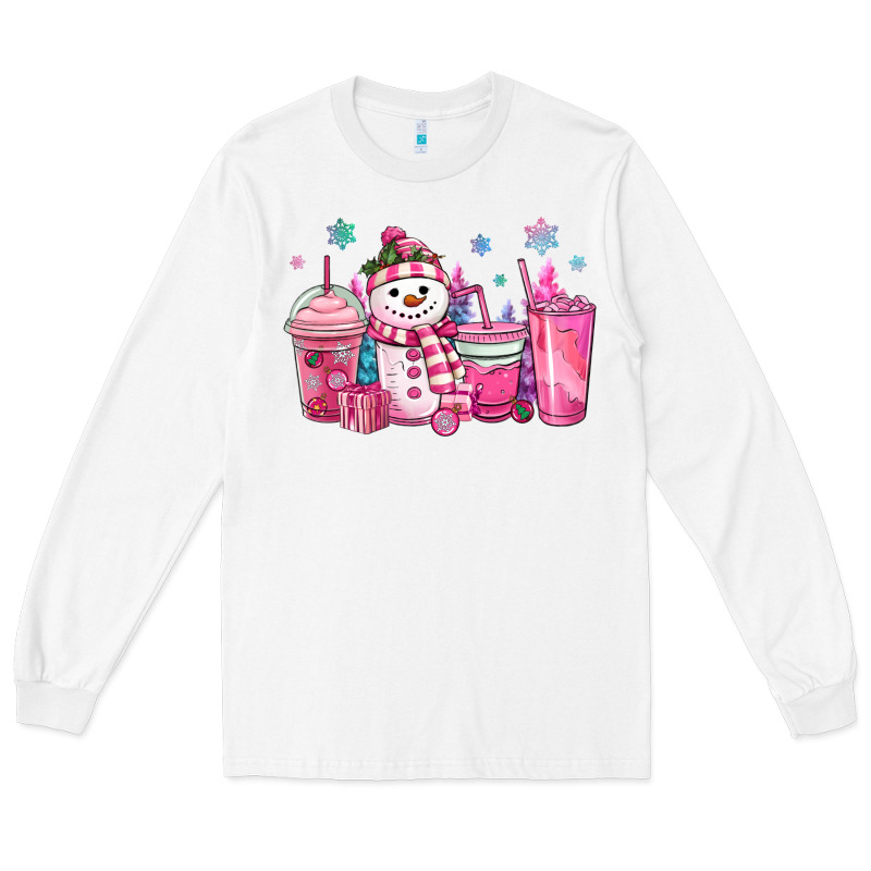 Pink Christmas Snowman Coffee Cups Long Sleeve Tee by MaliasSmallBusiness | Teevron