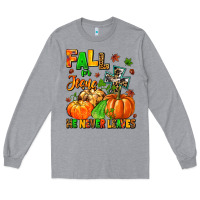 Heather Grey fall for jesus he never leaves Long Sleeve Tee - MaliasSmallBusiness