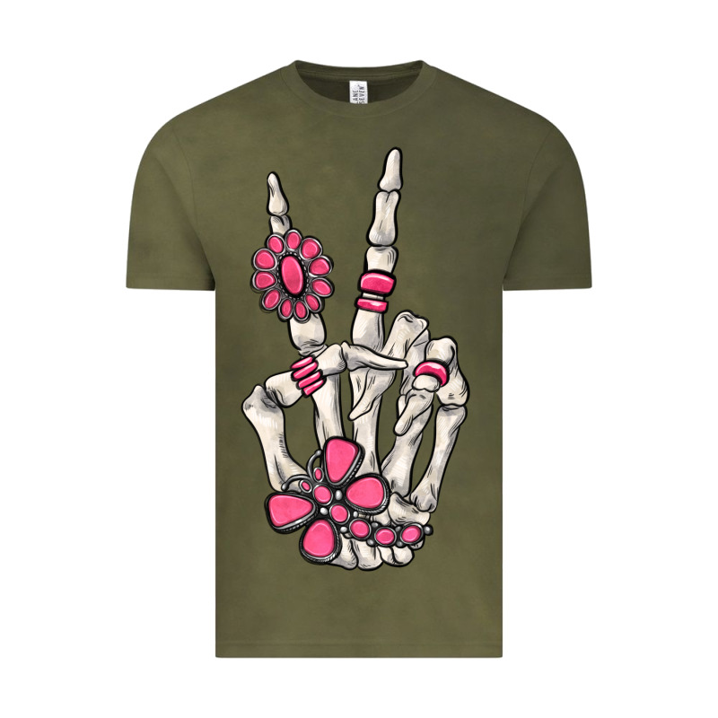 Pink Gemstone Peace Skeleton Hand Vintage Tee by MaliasSmallBusiness | Teevron
