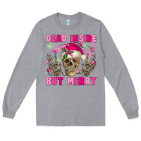 Heather Grey Dead inside but merry pink Christmas skeleton Long Sleeve Tee - NancyCooperArtShop