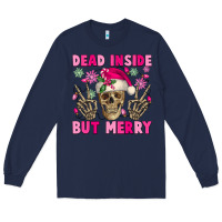 Navy Dead inside but merry pink Christmas skeleton Long Sleeve Tee - NancyCooperArtShop