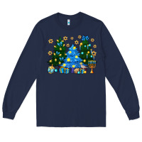 Navy Hannukah Christmas trees Long Sleeve Tee - NancyCooperArtShop