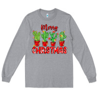 Heather Grey Merry Christmas Cactuses Long Sleeve Tee - MaliasSmallBusiness