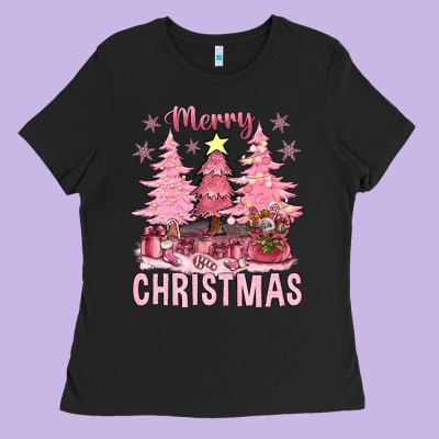 Pink Merry Christmas Bbs Ladies Tee Designed By Bundleandbundleshop