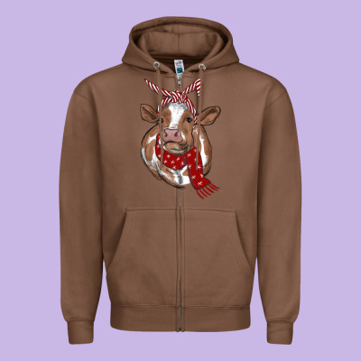 Christmas Scarf Heifer Zipper Hoodie Designed By Ranaportraitstore