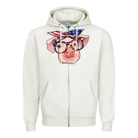 Oatmeal Heather american flag with pig Zipper Hoodie - RanaPortraitStore