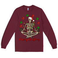 Burgundy Merry Christmas skeleton Long Sleeve Tee - NancyCooperArtShop