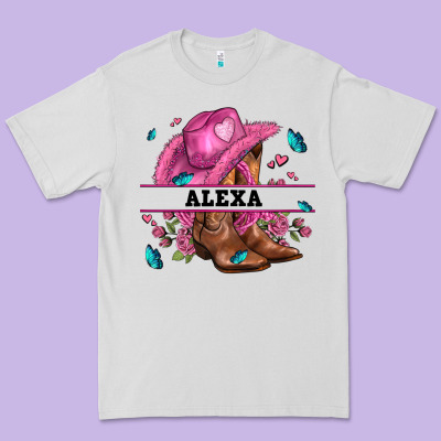 Pink Costom Name Cowgirl Hat And Roses Premium Tee Designed By Adodesignshop