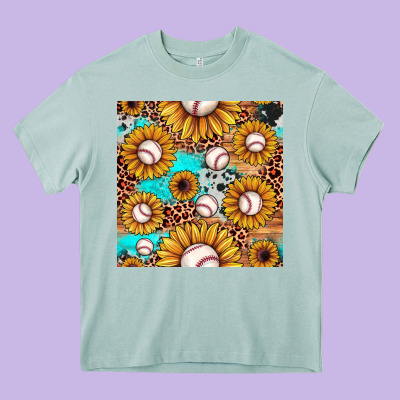 Baseball Leopard Turquoise Sunflower Seamless Pattern Heavy Core Tee Designed By Jahusdesignshop