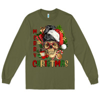 Army Green Merry Christmas skeleton messy bun Long Sleeve Tee - NancyCooperArtShop