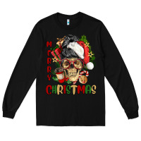 Black Merry Christmas skeleton messy bun Long Sleeve Tee - NancyCooperArtShop