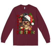 Burgundy Merry Christmas skeleton messy bun Long Sleeve Tee - NancyCooperArtShop
