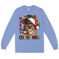 Colony Blue Merry Christmas skeleton messy bun Long Sleeve Tee - NancyCooperArtShop