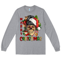 Heather Grey Merry Christmas skeleton messy bun Long Sleeve Tee - NancyCooperArtShop