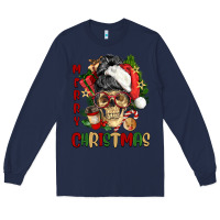 Navy Merry Christmas skeleton messy bun Long Sleeve Tee - NancyCooperArtShop