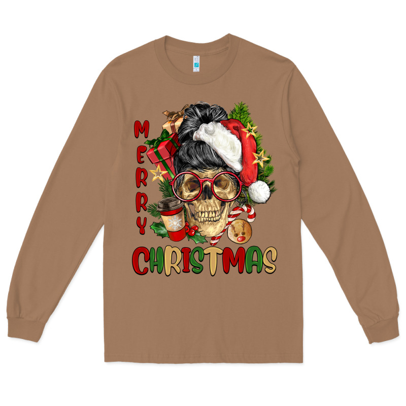 Merry Christmas Skeleton Messy Bun Long Sleeve Tee by NancyCooperArtShop | Teevron